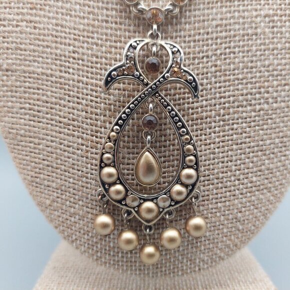 Cute Amber Glass Crystal Gold Tone Pendant Necklace Statement 18" Collar MINT - Picture 4 of 7